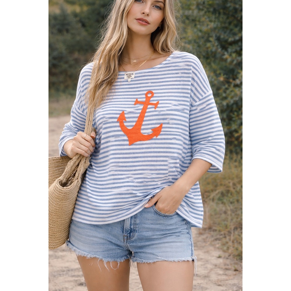HIHO Linen Anchor Stripe Top XL Coastal Grandma Nautical Beach Resort Oversized